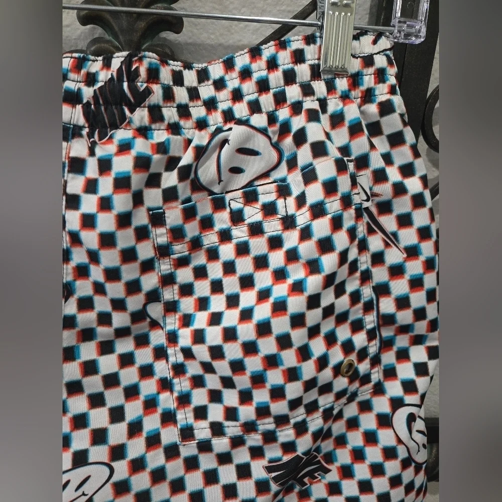 Nike Men's Graphic Checkered Swim Shorts - Black, White, and Blue